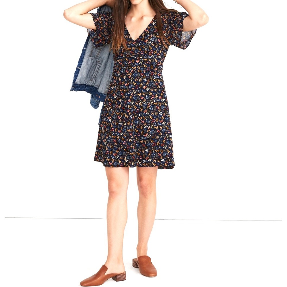Madewell Cross-Front Mini Dress Garden Party‎ Navy Blue Floral Size 4 NWT J8562